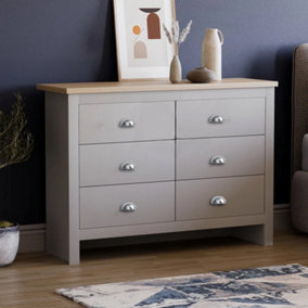 Berkshire Oak Top, Soft Grey 6 Drawer Contemporary Chest of Drawers