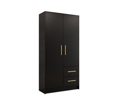 Berlin 1 Contemporary 2 Door Wardrobe 2 Drawers 4 Shelves 1 Rail in Black with Golden Handles (H)2020mm (W)1030mm (D)400mm