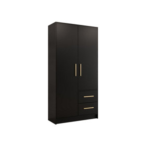 Berlin 1 Contemporary 2 Door Wardrobe 2 Drawers 4 Shelves 1 Rail in Black with Golden Handles (H)2020mm (W)1030mm (D)400mm