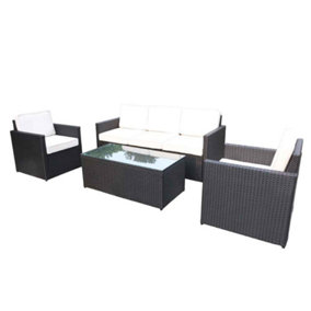 Berlin 3 Seater Sofa, 2 ArmChairs and Table - Synthetic Rattan - H75 x W179 x L70 cm - Black