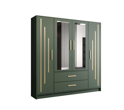 Berlin 4 - Four-door Wardrobe Green with Shelves Mirror Drawers Rail  width  201 cm