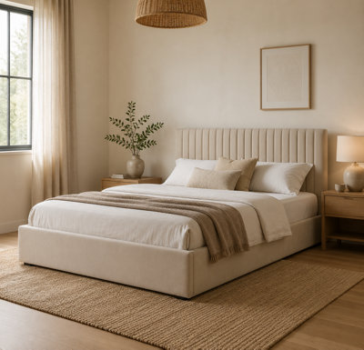 Berlin Luna Beige Velvet Double Ottoman Storage Bed, Lower Fluted ...
