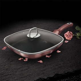 BERLINGER HAUS 28cm Square Grill Pan Frying Marble Non Stick Griddle Steak Rose Gold with Lid 2.1L