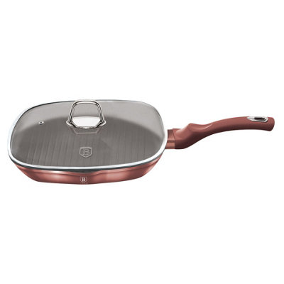 Berlinger Haus 28cm Width Square Rose with Lid Grill Frying Pan Non Stick Griddle Steak