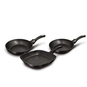BERLINGER HAUS Black Silver 3pc Frying Grill Pan Aluminium Non Stick Marble Coating Metallic