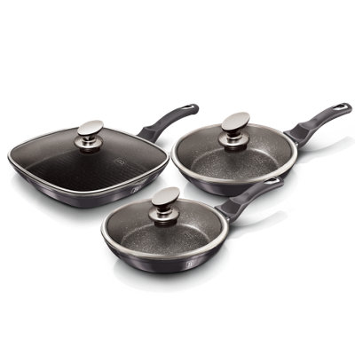 BERLINGER HAUS Carbon Pro 3pcs Frying Grill Pan Aluminium Non Stick Marble Coating Metallic
