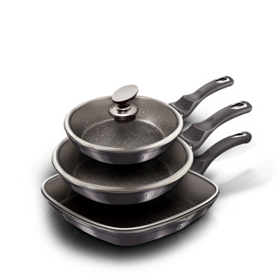BERLINGER HAUS Carbon Pro 3pcs Frying Grill Pan Aluminium Non Stick Marble Coating Metallic