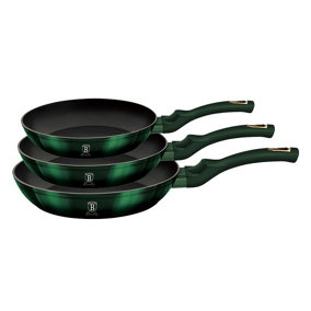 BERLINGER HAUS Emerald 3pc Frying Grill Pan Aluminium Non Stick Marble Coating Metallic