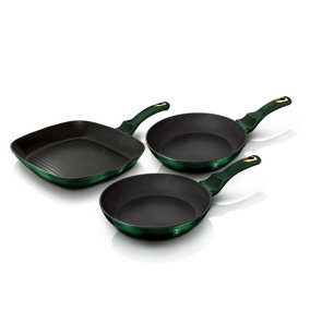 BERLINGER HAUS Emerald Green 3pcs Frying Grill Pan Aluminium Non Stick Marble Coating Metallic