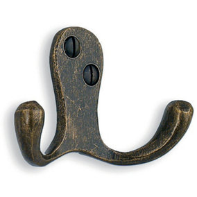 BESLAGSBODEN - Double Towel Hook in Antique Brass Finish, Height 44 mm