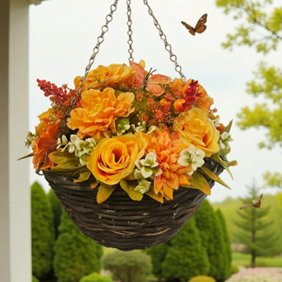Best Artificial 10 Inch Summer / Autumn Rose Mixed Flower Hanging Basket suitable for Home Garden