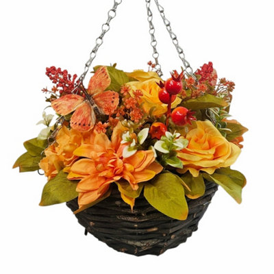 Best Artificial 10 Inch Summer / Autumn Rose Mixed Flower Hanging Basket suitable for Home Garden