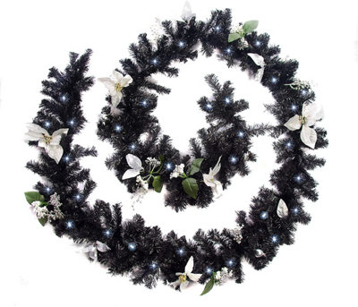 Best Artificial 12ft Black & Silver Decorated Christmas Garland with 100 Bright White battery lights