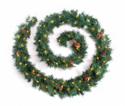 Best Artificial 12ft Colorado Pine Christmas Garland with Pine Cones with 100 warm white battery lights