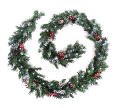 Best Artificial 12ft Deluxe Frosted Christmas Garland with Pine Cones & Winter Red Berries with 100 Bright White Battery Lights