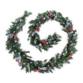 Best Artificial 12ft Deluxe Frosted Christmas Garland with Pine Cones & Winter Red Berries with 100 Bright White Battery Lights