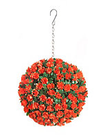 Best Artificial 23cm Orange Rose Hanging Basket Flower Topiary Ball - Suitable for Outdoor Use - Weather & Fade Resistant