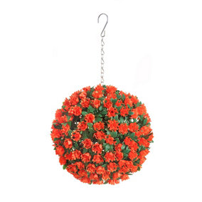 Best Artificial 23cm Orange Rose Hanging Basket Flower Topiary Ball - Suitable for Outdoor Use - Weather & Fade Resistant