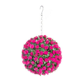 Best Artificial 23cm Pink Rose Hanging Basket Flower Topiary Ball - Suitable for Outdoor Use - Weather & Fade Resistant