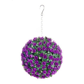 Best Artificial 23cm Purple Rose Hanging Basket Flower Topiary Ball - Suitable for Outdoor Use - Weather & Fade Resistant