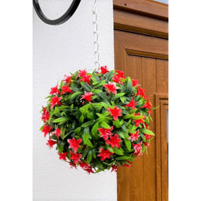 Best Artificial 23cm Red Lily Hanging Basket Flower Topiary Ball - Suitable for Outdoor Use - Weather & Fade Resistant