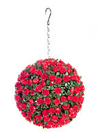 Best Artificial 23cm Red Rose Hanging Basket Flower Topiary Ball - Suitable for Outdoor Use - Weather & Fade Resistant