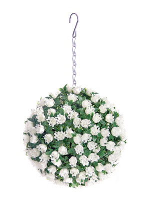 Best Artificial 23cm White Rose Hanging Basket Flower Topiary Ball - Suitable for Outdoor Use - Weather & Fade Resistant