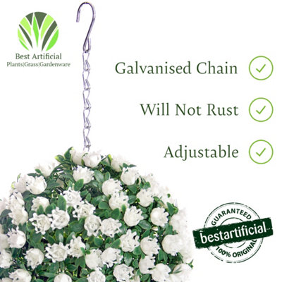 Best Artificial 23cm White Rose Hanging Basket Flower Topiary Ball - Suitable for Outdoor Use - Weather & Fade Resistant