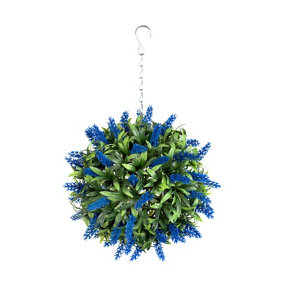 Best Artificial 24cm Blue Lush Lavender Hanging Basket Flower Topiary Ball - Suitable for Outdoor Use - Weather & Fade Resistant