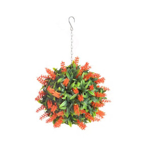 Best Artificial 24cm Orange Lush Lavender Hanging Basket Flower Topiary Ball - Suitable for Outdoor Use - Weather & Fade Resistant