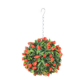 Best Artificial 24cm Orange Lush Tulip Hanging Basket Flower Topiary Ball - Suitable for Outdoor Use - Weather & Fade Resistant