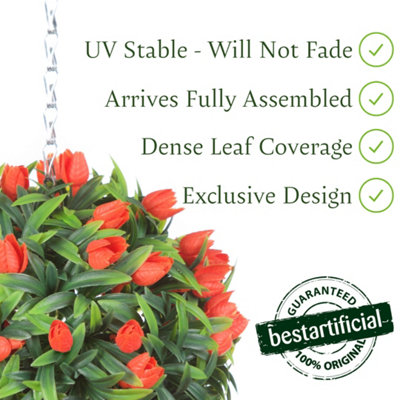 Best Artificial 24cm Orange Lush Tulip Hanging Basket Flower Topiary Ball - Suitable for Outdoor Use - Weather & Fade Resistant