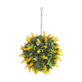 Best Artificial 24cm Yellow Lush Lavender Hanging Basket Flower Topiary Ball - Suitable for Outdoor Use - Weather & Fade Resistant