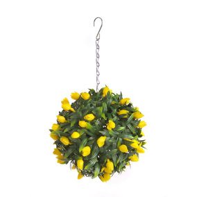 Best Artificial 24cm Yellow Lush Tulip Hanging Basket Flower Topiary Ball - Suitable for Outdoor Use - Weather & Fade Resistant