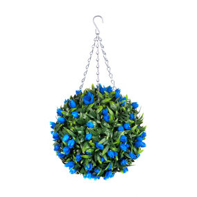 Best Artificial 28cm Blue Tulip Hanging Basket Flower Topiary Ball - Suitable for Outdoor Use - Weather & Fade Resistant