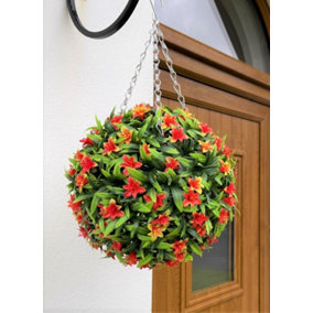Best Artificial 28cm Orange Lily Hanging Basket Flower Topiary Ball - Suitable for Outdoor Use - Weather & Fade Resistant