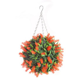 Best Artificial 28cm Orange Lush Lavender Hanging Basket Flower Topiary Ball - Suitable for Outdoor Use - Weather & Fade Resistant