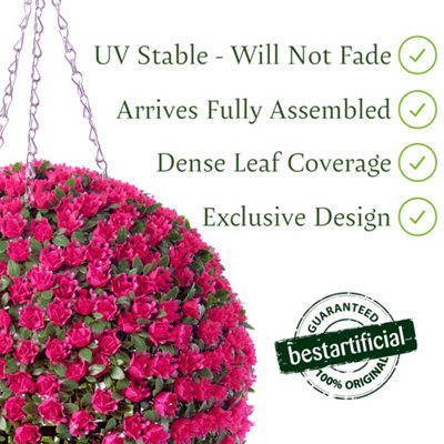 Best Artificial 28cm Pink Rose Hanging Basket Flower Topiary Ball - Suitable for Outdoor Use - Weather & Fade Resistant