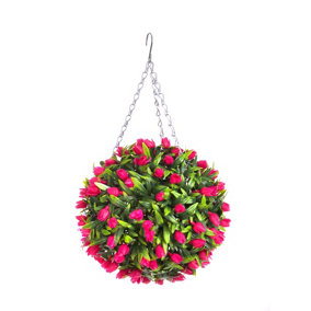 Best Artificial 28cm Pink Tulip Hanging Basket Flower Topiary Ball - Suitable for Outdoor Use - Weather & Fade Resistant