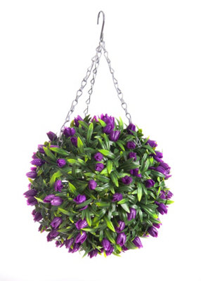 Best Artificial 28cm Purple Tulip Hanging Basket Flower Topiary Ball - Suitable for Outdoor Use - Weather & Fade Resistant