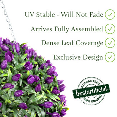 Best Artificial 28cm Purple Tulip Hanging Basket Flower Topiary Ball - Suitable for Outdoor Use - Weather & Fade Resistant