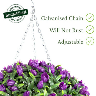 Best Artificial 28cm Purple Tulip Hanging Basket Flower Topiary Ball - Suitable for Outdoor Use - Weather & Fade Resistant
