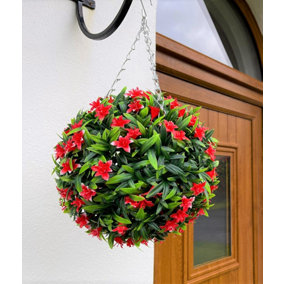 Best Artificial 28cm Red Lily Hanging Basket Flower Topiary Ball - Suitable for Outdoor Use - Weather & Fade Resistant