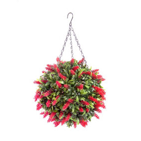 Best Artificial 28cm Red Lush Lavender Hanging Basket Flower Topiary Ball - Suitable for Outdoor Use - Weather & Fade Resistant