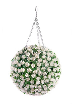 Best Artificial 28cm White Ivory Rose Hanging Flower Topiary Ball - Suitable for Outdoor Use - Weather & Fade Resistant