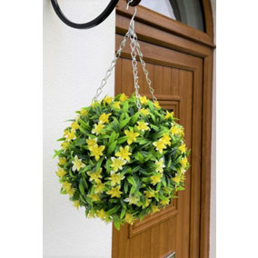 Best Artificial 28cm Yellow Lily Hanging Basket Flower Topiary Ball - Suitable for Outdoor Use - Weather & Fade Resistant