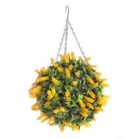 Best Artificial 28cm Yellow Lush Lavender Hanging Basket Flower Topiary Ball - Suitable for Outdoor Use - Weather & Fade Resistant
