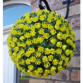 Best Artificial 28cm Yellow Rose Hanging Basket Flower Topiary Ball - Suitable for Outdoor Use - Weather & Fade Resistant