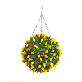 Best Artificial 28cm Yellow Tulip Hanging Basket Flower Topiary Ball - Suitable for Outdoor Use - Weather & Fade Resistant