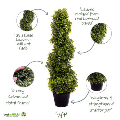 Best Artificial 2ft - 60cm Green Boxwood Spiral Topiary Tree - Suitable for Outdoor Use - Weather & Fade Resistant
